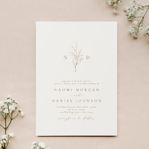 Guld, enkelt botaniskt monogram, rustik bröllop inbjudningar