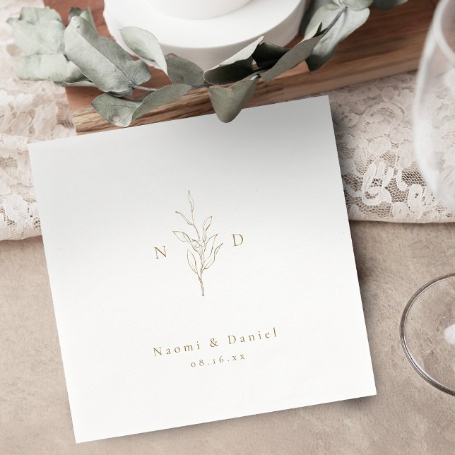 Guld, enkelt botaniskt monogram, rustik bröllop pappersservett (Gold simple botanical monogram rustic wedding napkins)