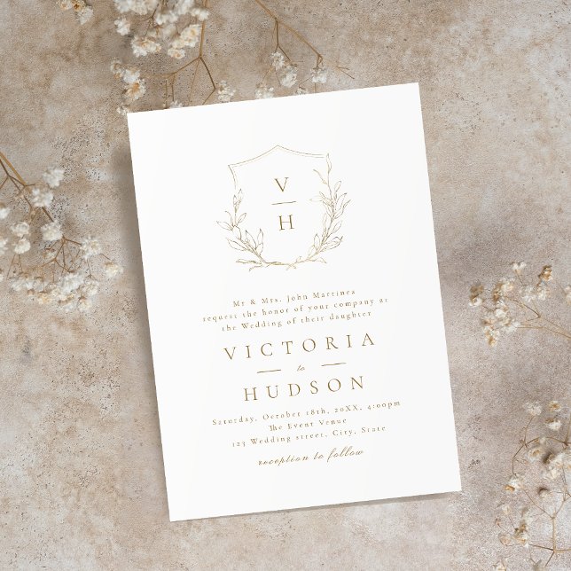 Guld, enkelt botaniskt vapensköld monogram bröllop inbjudningar (Gold simple botanical crest monogram wedding invitation)
