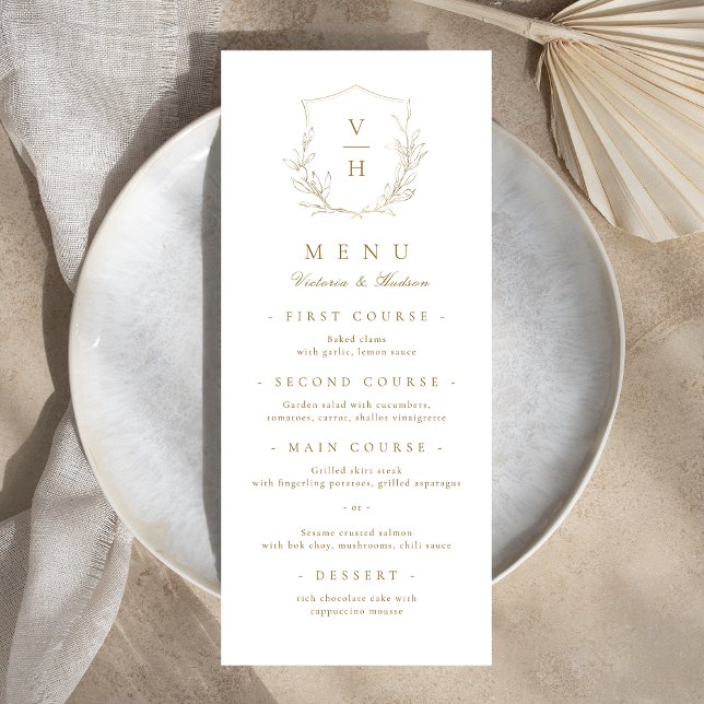 Guld, enkelt botaniskt vapensköld monogram bröllop meny (Gold simple botanical crest monogram wedding menu)