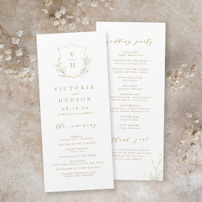 Guld, enkelt botaniskt vapensköld monogram bröllop program (Gold simple botanical crest monogram wedding program)
