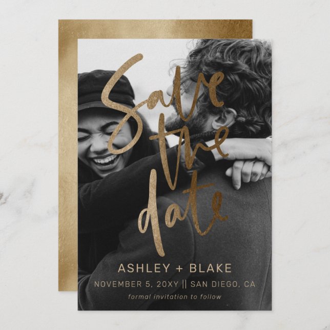 Guld - enkelt handskrivet calligraffoto spara datumet (Fram/baksida)