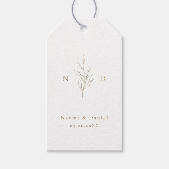 Guld enkla botaniska bladmonogram bröllop presentetikett (Framsidan)