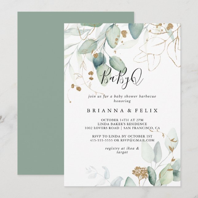 Guld Eucalyptus BabyQ Baby Shower Barbecue Inbjudningar (Fram/baksida)