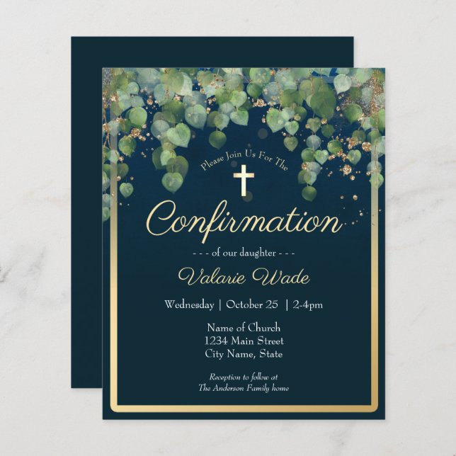 Guld Eucalyptus Blommigt First Confirmation Budget (Fram/baksida)