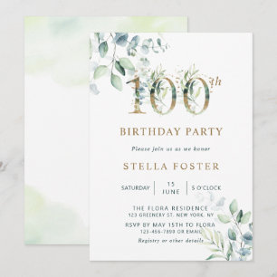 Guld Eucalyptus Botanical 100:e Födelsedagsfesten Inbjudningar