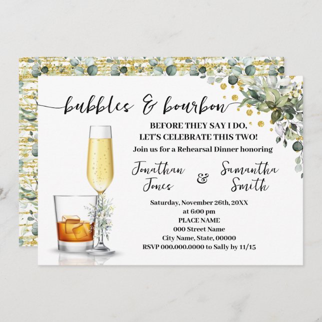 Guld Eucalyptus Bubbles & Bourbon Par Shower Inbjudningar (Fram/baksida)