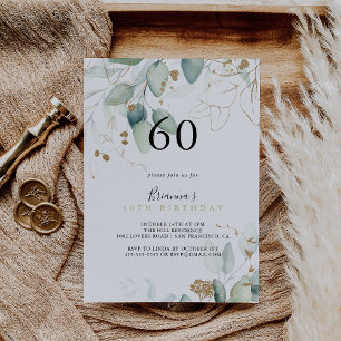 Guld Eucalyptus Calligrafi 60:e Födelsedagsfesten Inbjudningar