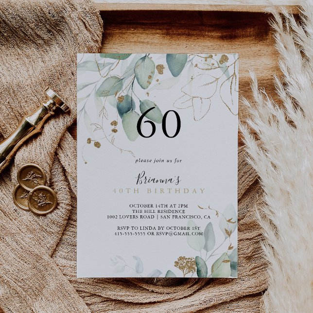 Guld Eucalyptus Calligrafi 60:e Födelsedagsfesten Inbjudningar (Skapare uppladdad)