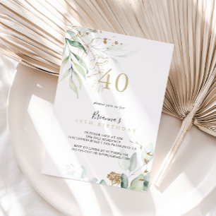 Guld Eucalyptus Calligraphy 40 Birthday Party Inbjudningar