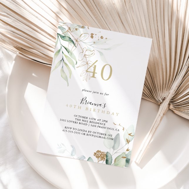 Guld Eucalyptus Calligraphy 40 Birthday Party Inbjudningar (Skapare uppladdad)