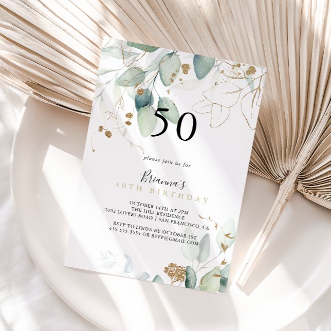 Guld Eucalyptus Calligraphy 50:e Födelsedagsfesten Inbjudningar (Skapare uppladdad)