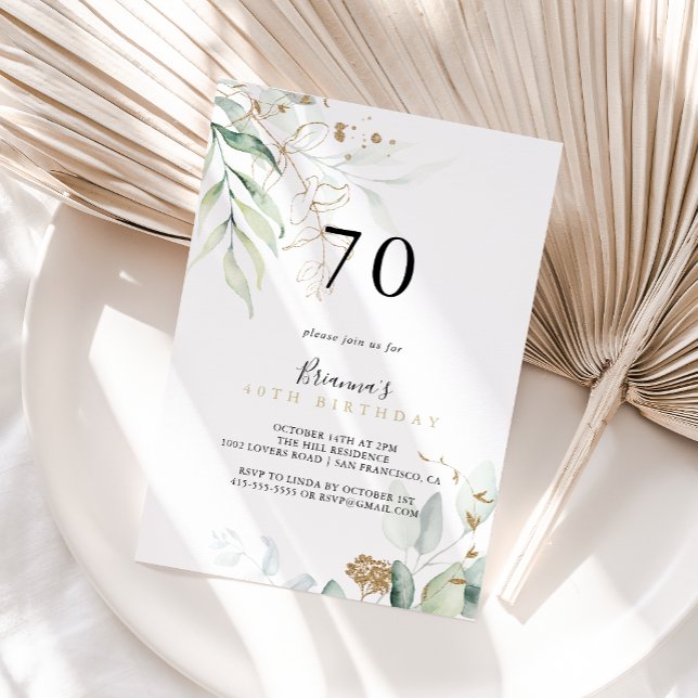 Guld Eucalyptus Calligraphy 70:e Födelsedagsfesten Inbjudningar (Skapare uppladdad)
