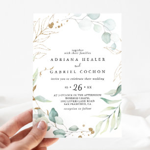 Guld Eucalyptus Calligraphy Avslappnad Bröllop Inbjudningar