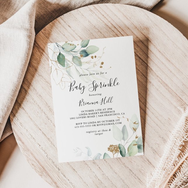 Guld Eucalyptus Calligraphy Baby Sprinkle Inbjudningar (Skapare uppladdad)