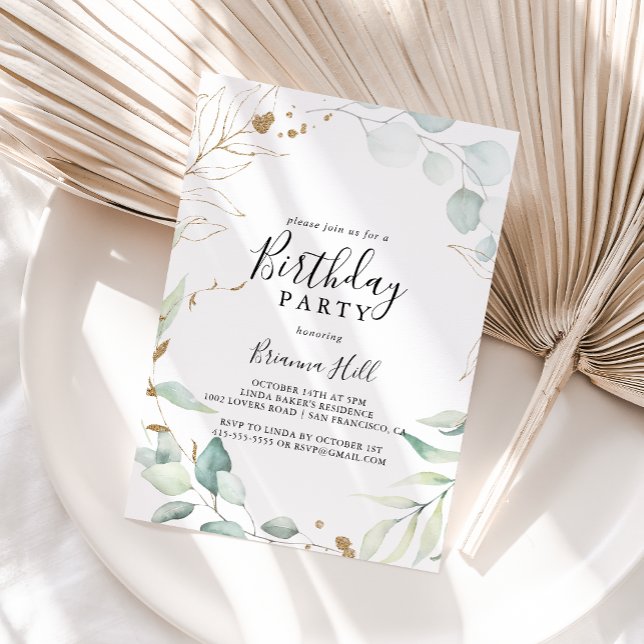 Guld Eucalyptus Calligraphy Födelsedagsfest Inbjudningar (Skapare uppladdad)