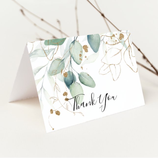 Guld Eucalyptus Calligraphy Foltyde Bröllop Tack Kort (Skapare uppladdad)