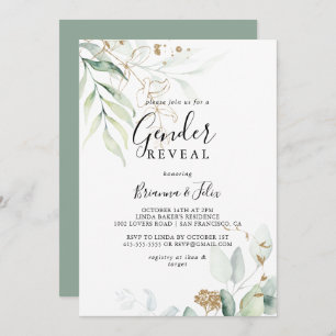 Guld Eucalyptus Calligraphy Gender Reveal Party Inbjudningar