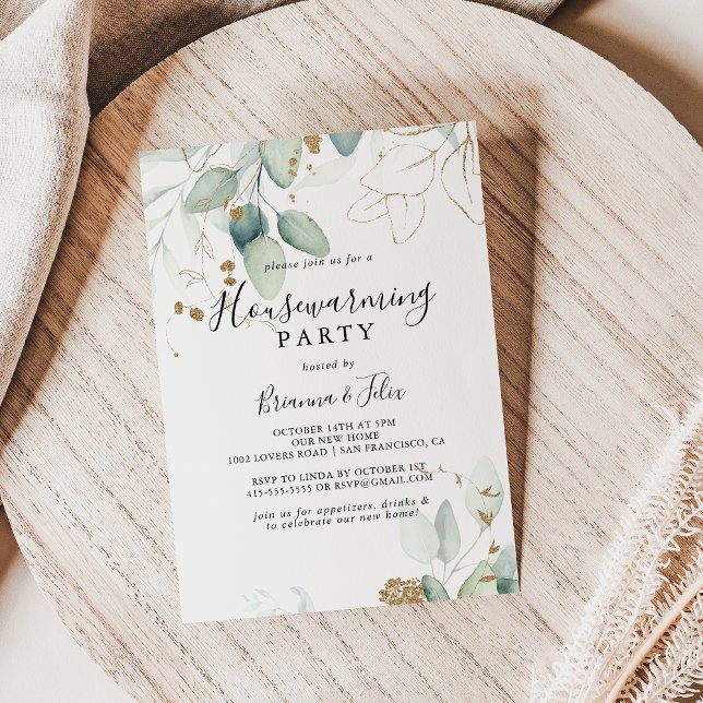 Guld Eucalyptus Calligraphy Houseuppvärmning Party Inbjudningar (Skapare uppladdad)