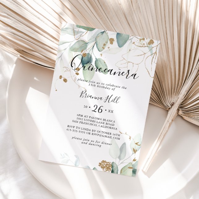 Guld Eucalyptus Calligraphy Quinceañera Inbjudningar (Skapare uppladdad)