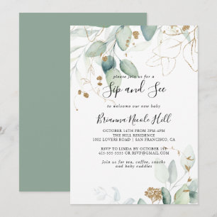 Guld Eucalyptus Calligraphy Sip and See Inbjudningar