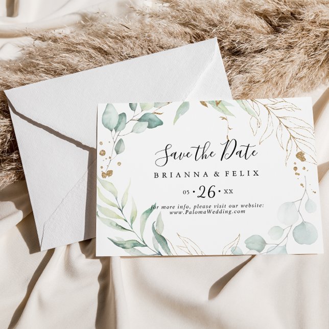 Guld Eucalyptus Calligraphy Vågrät Bröllop Spara Datumet (Skapare uppladdad)