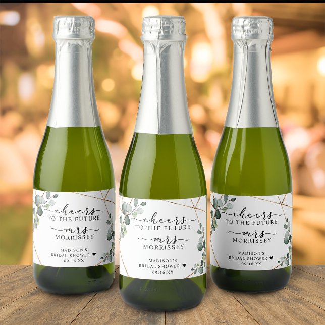 Guld Eucalyptus Cheers Möhippa Favor (Gold Eucalyptus Cheers Bridal Shower Favor Sparkling Wine Label)