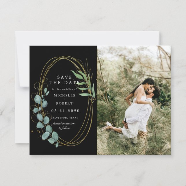 guld eucalyptus greenery 2 Photo Save Date Inbjudningar (Framsida)