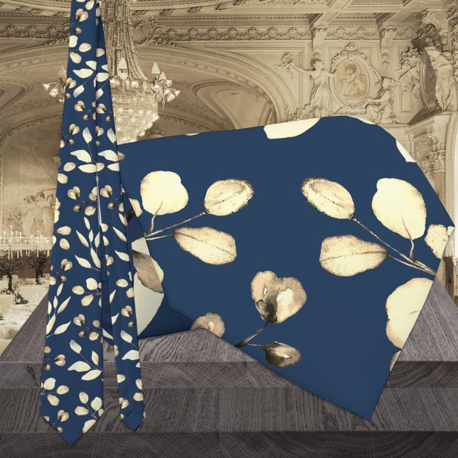 Guld Eucalyptus Greenery Bröllop Navy Tie Slips (Skapare uppladdad)