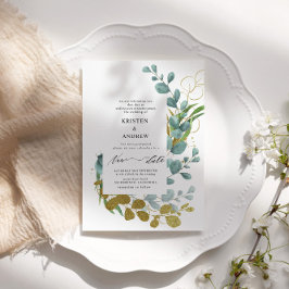 Guld Eucalyptus Greenery New Date Bröllop Inbjudningar
