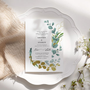 Guld Eucalyptus Greenery New Date Bröllop Inbjudningar
