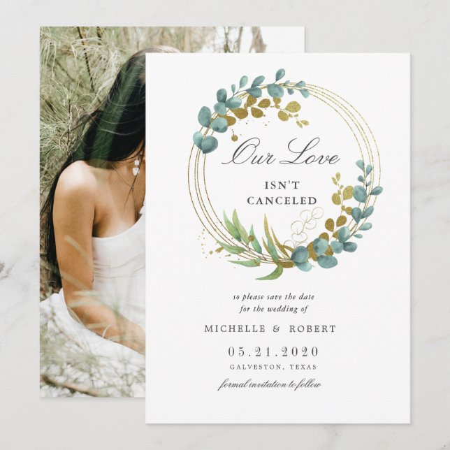 guld eucalyptus greenery Photo Save Date Inbjudningar (Fram/baksida)