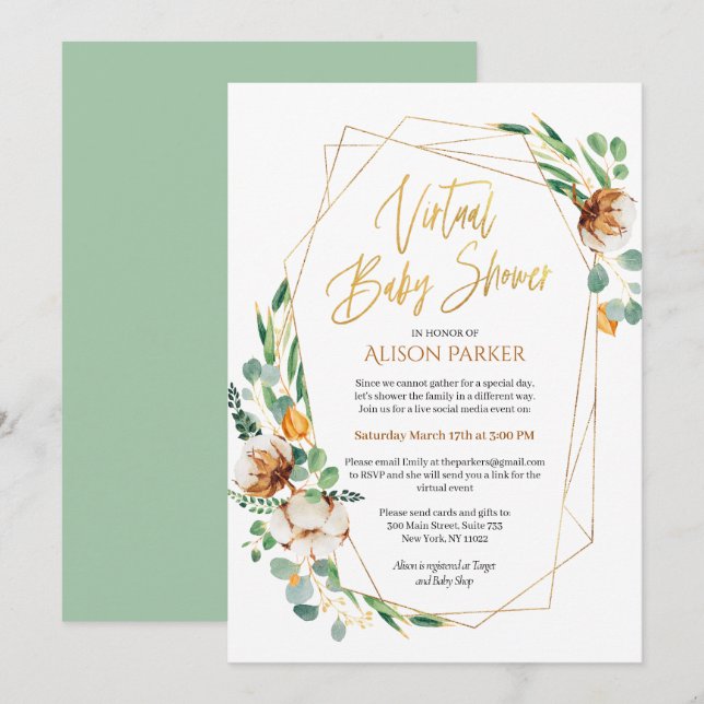 Guld Eucalyptus Greenery Virtuell Baby Shower Inbjudningar (Fram/baksida)