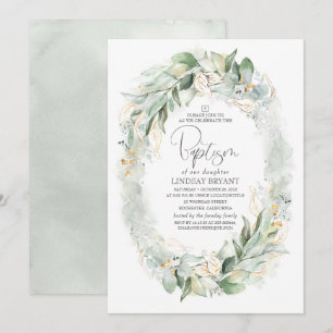 Guld Eucalyptus Greenery Wandeandfåddhet Baptism Inbjudningar