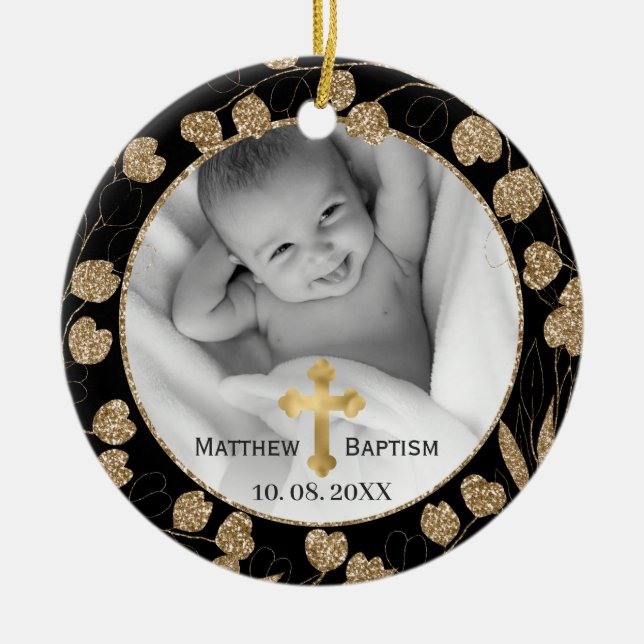 Guld Eucalyptus Gren Löv Baby Baptism Photo Julgransprydnad Keramik (Framsidan)