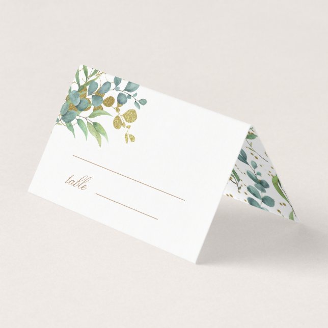 guld eucalyptus löv greenery bröllop bord card kort (Framsida)