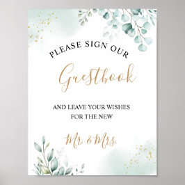 Guld Eucalyptus Lövs Greenery Bröllop Guestbook Poster