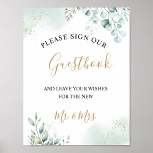 Guld Eucalyptus Lövs Greenery Bröllop Guestbook Poster