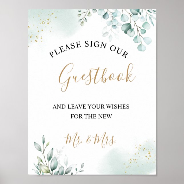 Guld Eucalyptus Lövs Greenery Bröllop Guestbook Poster (Framsidan)