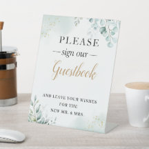Guld Eucalyptus Lövs Grey Bröllop Guestbook