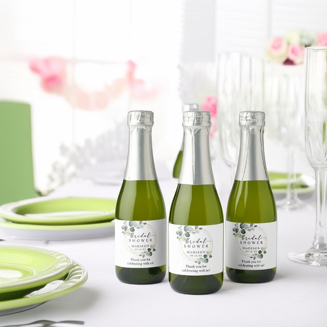 Guld Eukalyptus Grönska Bröllopsduschpresent Spritflaskor Etikett (Gold Eucalyptus Greenery Bridal Shower Favor Liquor Bottle Label)
