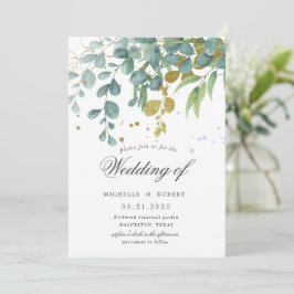 guld eukalyptus grönska bröllopsinbjudan inbjudningar