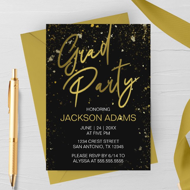 Guld Examensfest Modern Examen Invitation Inbjudningar (Gold and Black Graduation Party Invitation)