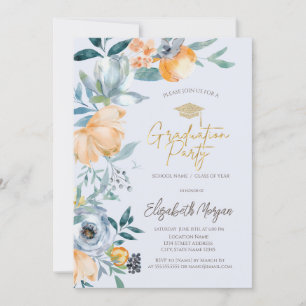 Guld examenshatt vattenfärg blommande examensfest inbjudningar