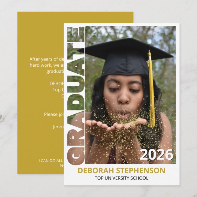Guld Examensklass 2026 Foto Examen Inbjudningar (Fram/baksida)