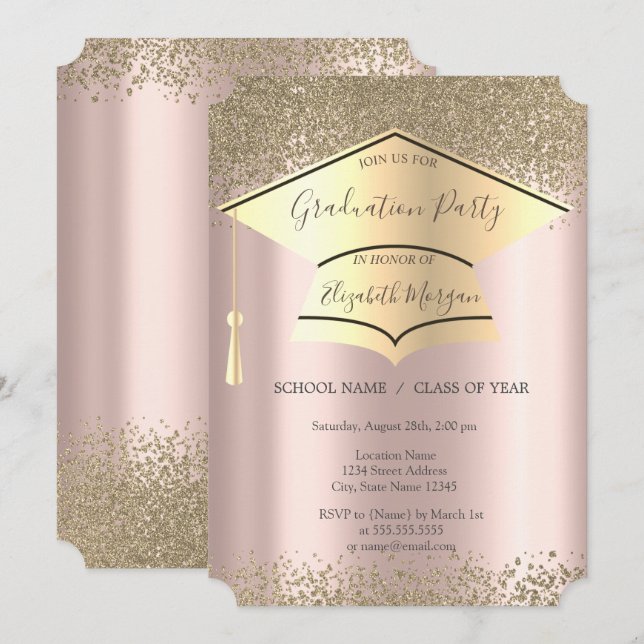 Guld examensmössa, diamanter Rosa guld examen  Inbjudningar (Fram/baksida)
