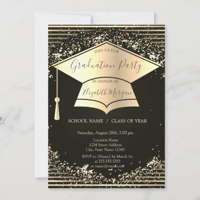 Guld examensmössa,Konfettiränder Examen Inbjudningar (Framsida)
