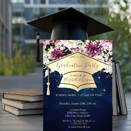 Guld examensmössa, stjärnor, blommor Blå examen  Inbjudningar