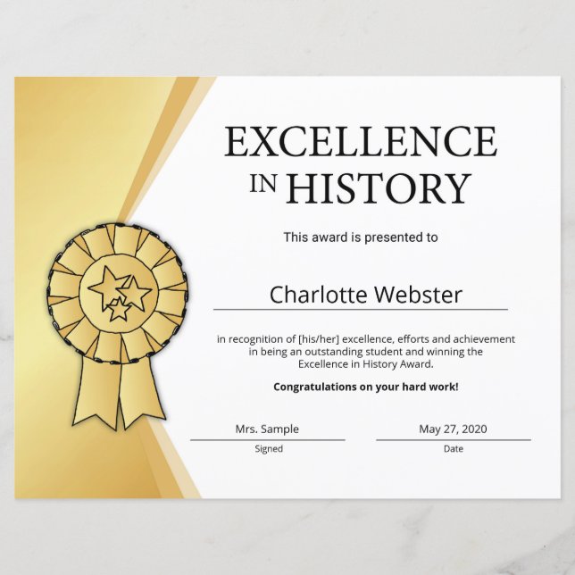 Guld Excellence in History Certificate Award (Framsida)
