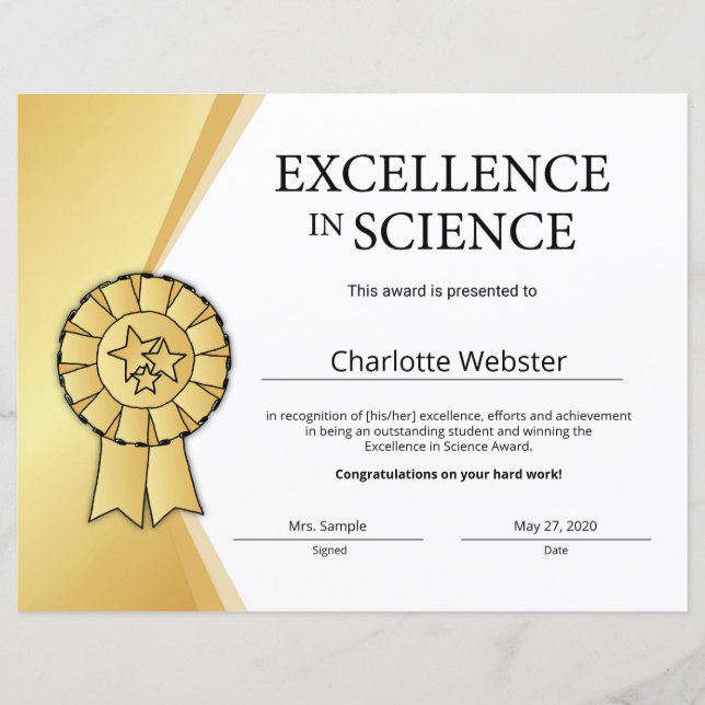 Guld Excellence in Science Certificate Award (Framsida)